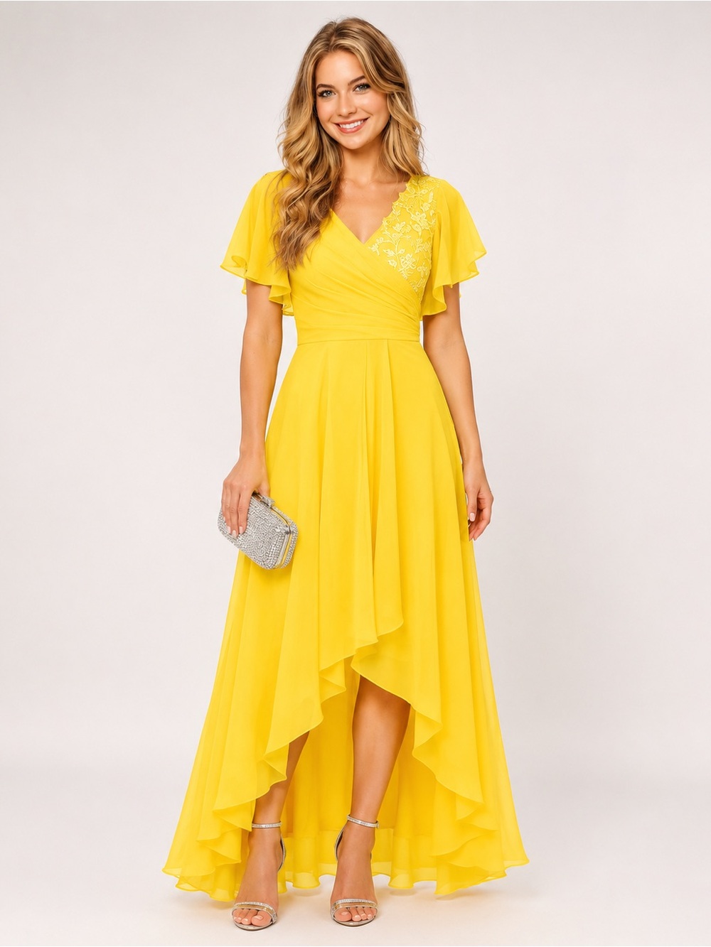 Yellow Chiffon High Low Formal Gown Lace Floral Appliqué Corset Back Size 8 NWT